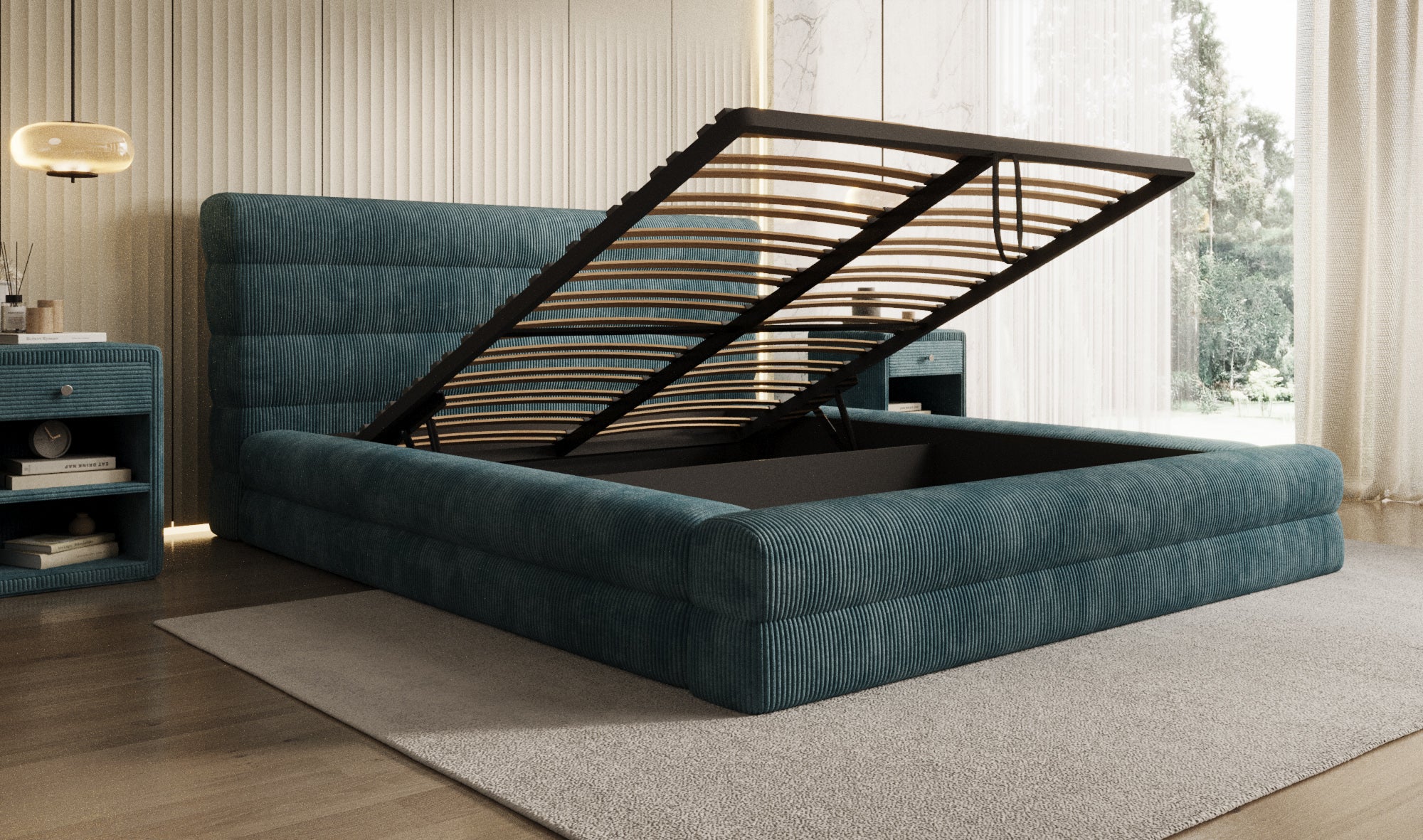 Design gestoffeerd bed Maren Ribstof met opbergruimte
