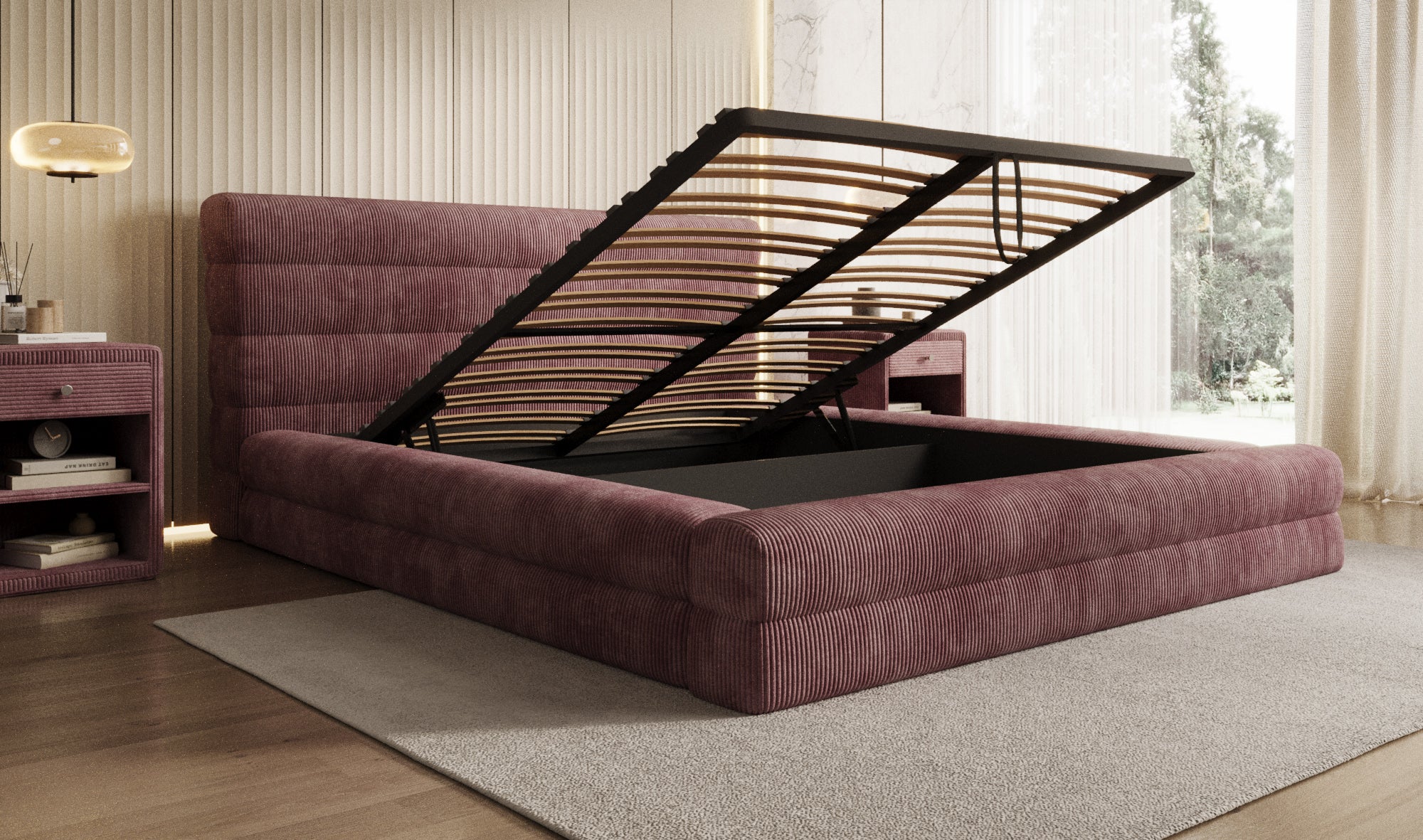 Design gestoffeerd bed Maren Ribstof met opbergruimte
