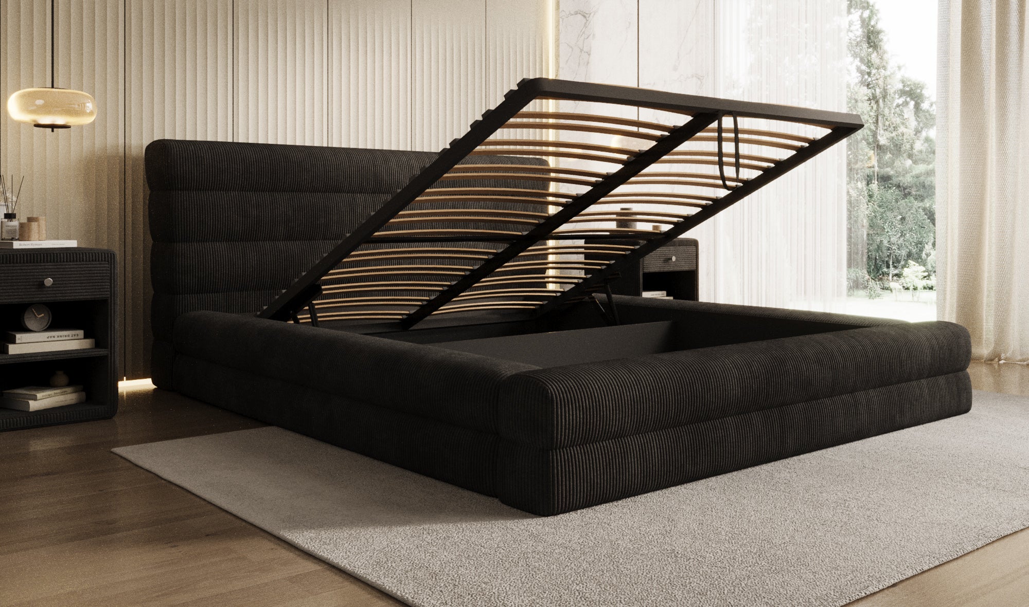 Design gestoffeerd bed Maren Ribstof met opbergruimte