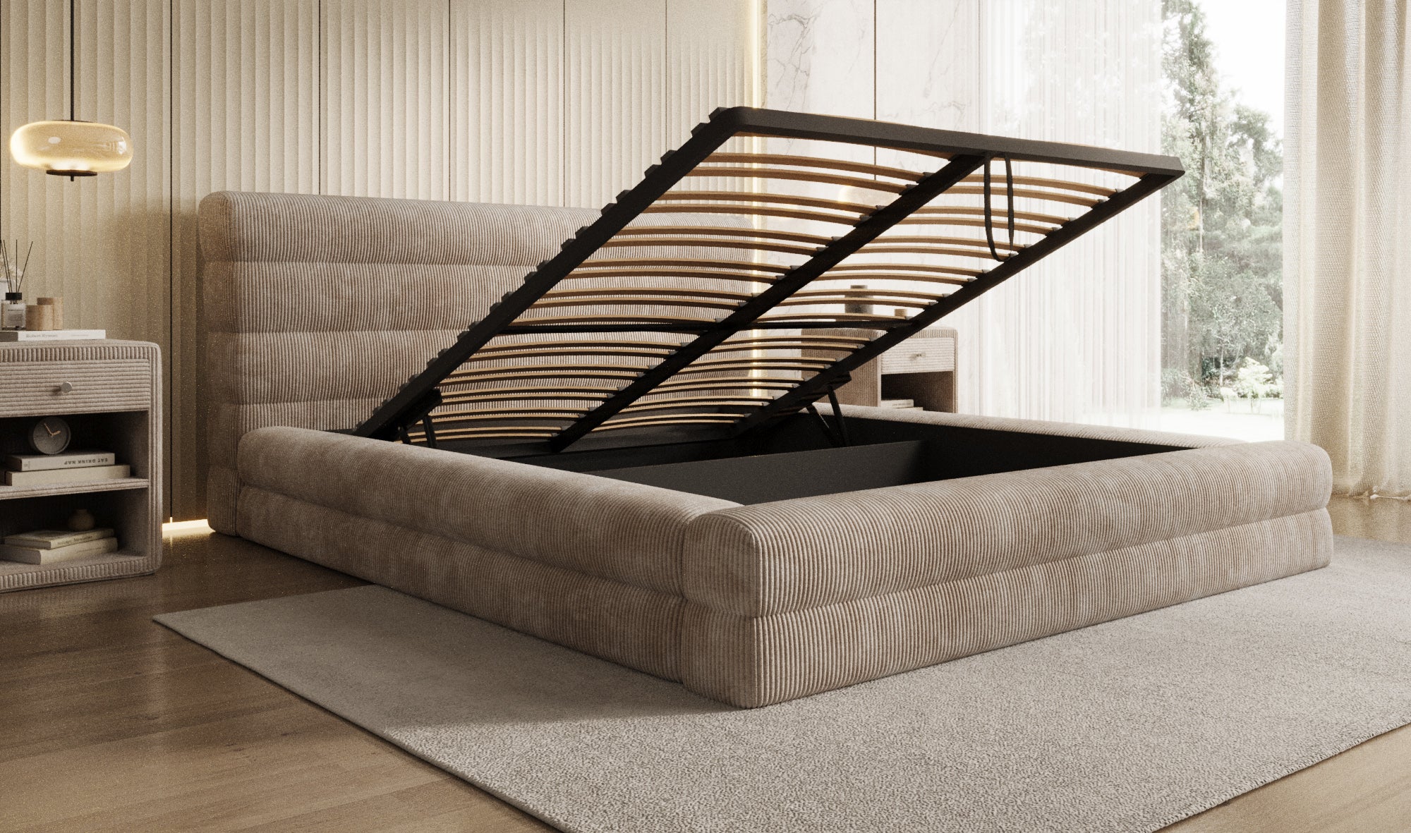 Design gestoffeerd bed Maren Ribstof met opbergruimte