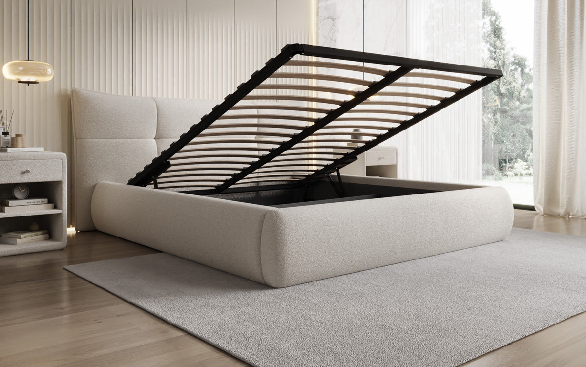 Designer gestoffeerd bed Gioia in Teddystof Bouclé met opbergruimte