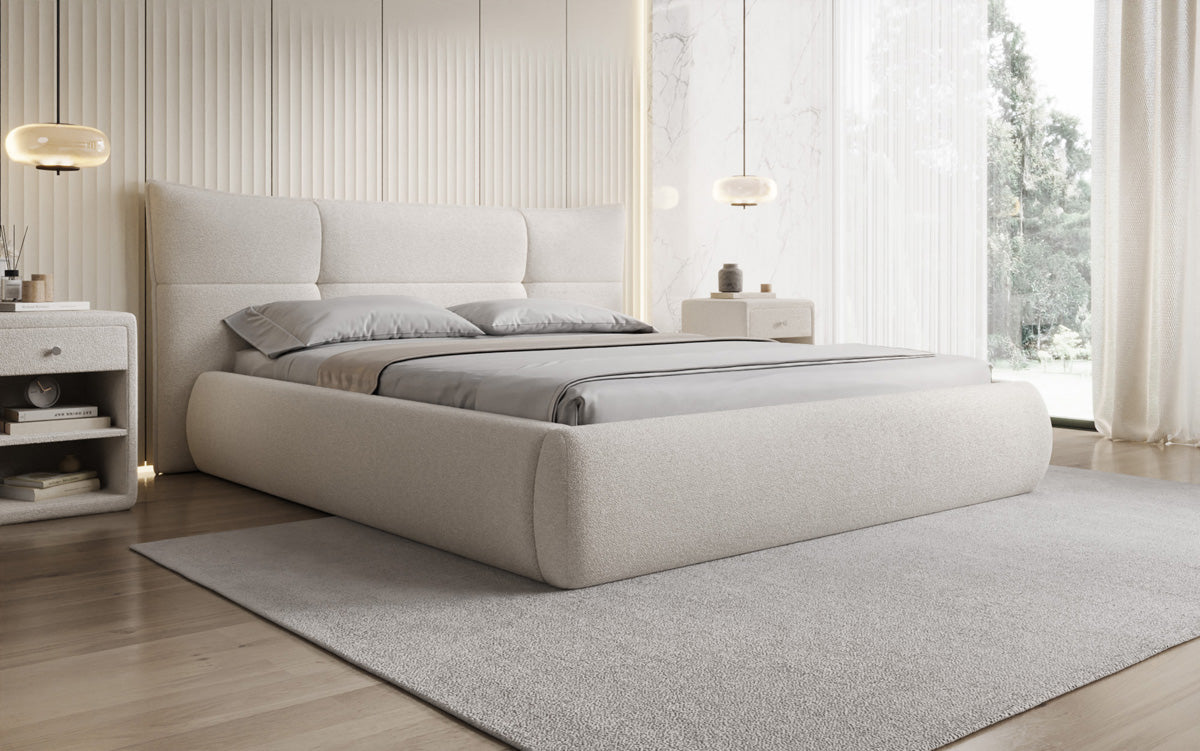 Designer gestoffeerd bed Gioia in Teddystof Bouclé met opbergruimte