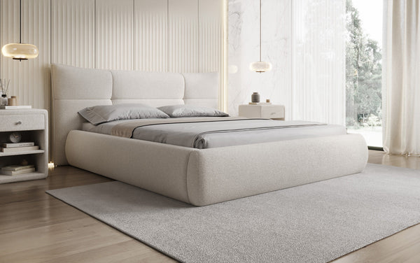 Designer gestoffeerd bed Gioia in Teddystof Bouclé met opbergruimte
