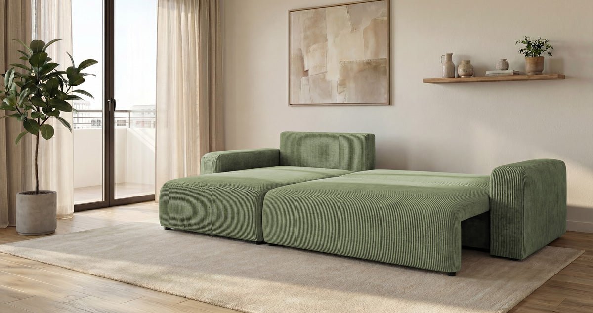 Designbank Noma met slaap- en klapfunctie in Ribstof