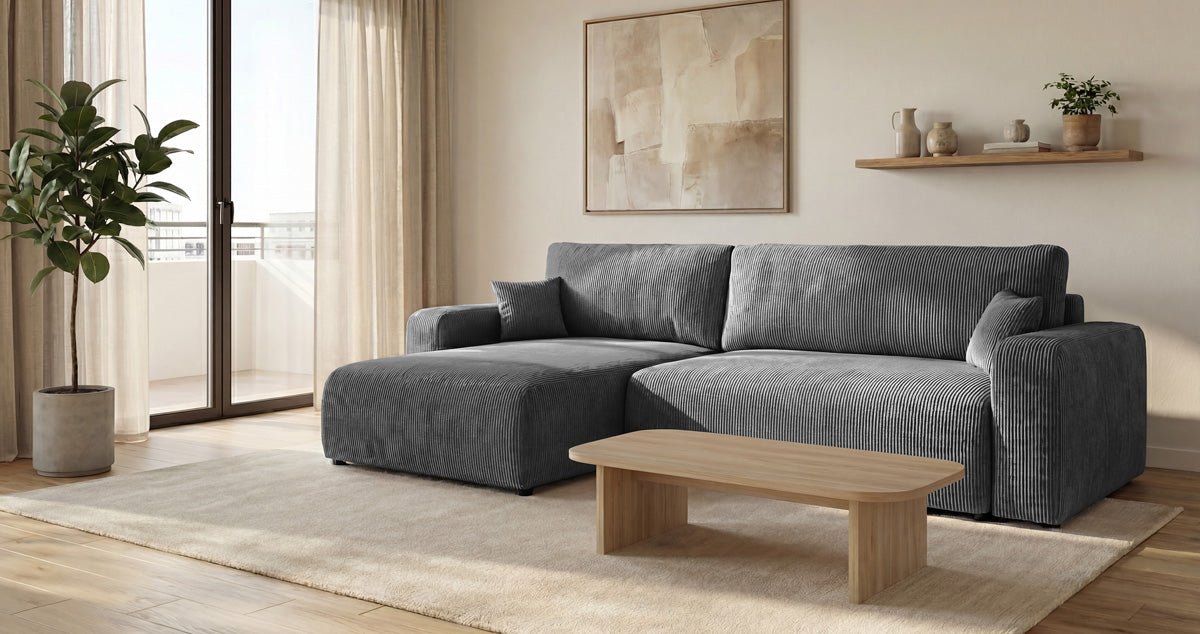 Designbank Noma met slaap- en klapfunctie in Ribstof