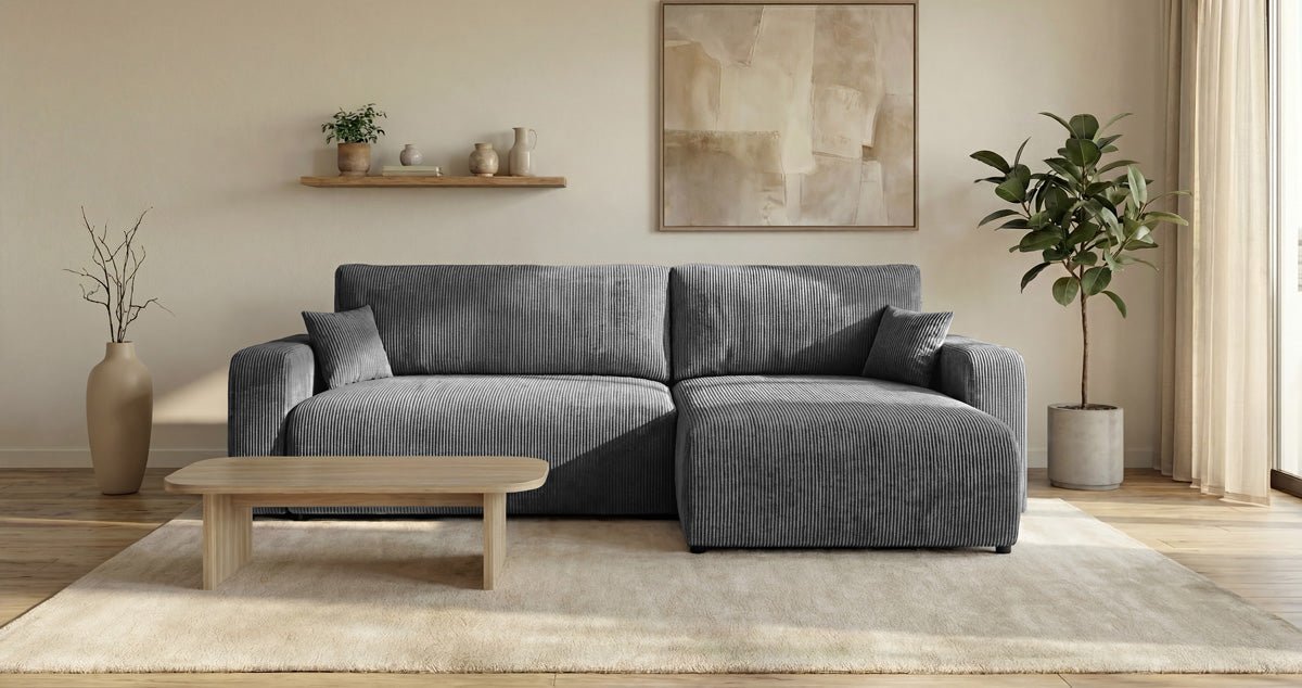 Designbank Noma met slaap- en klapfunctie in Ribstof