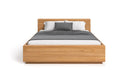 Designers houten bed Calveno van massief eiken met opbergruimte en recht hoofdeinde