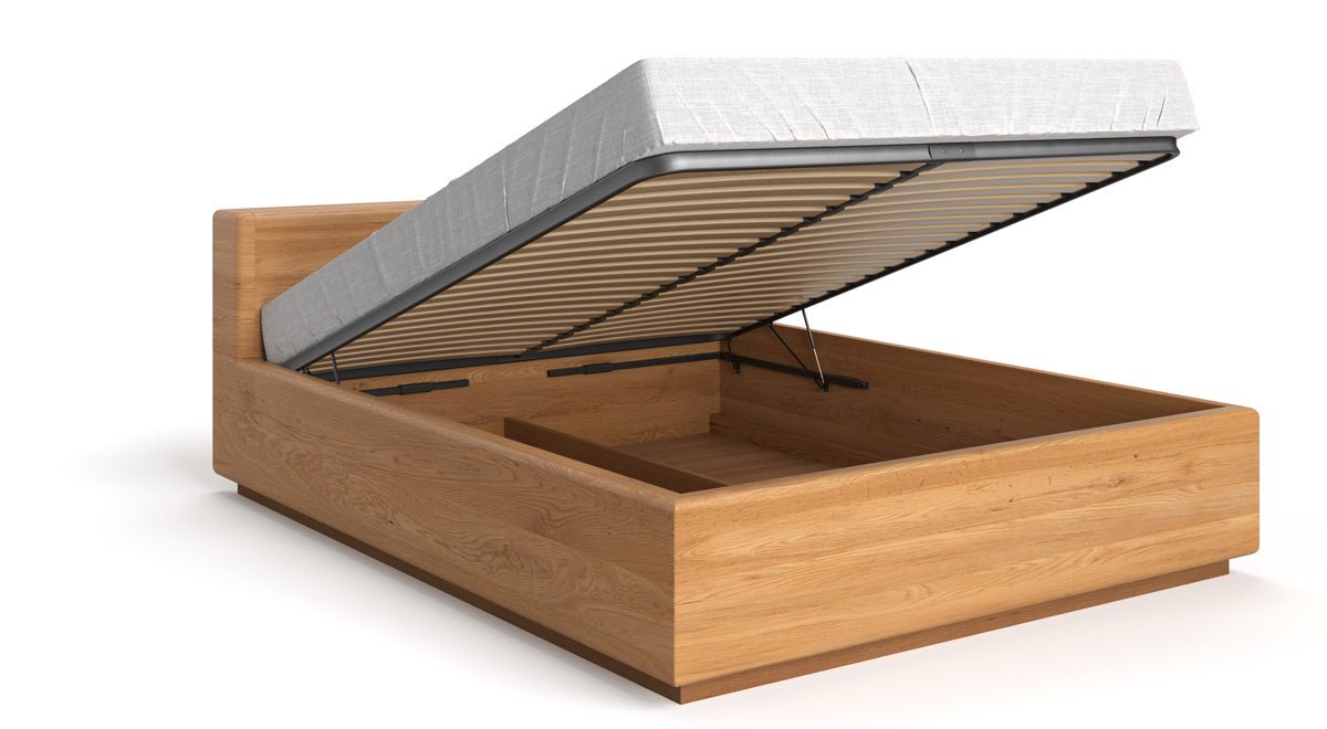 Designers houten bed Calveno van massief eiken met opbergruimte en recht hoofdeinde