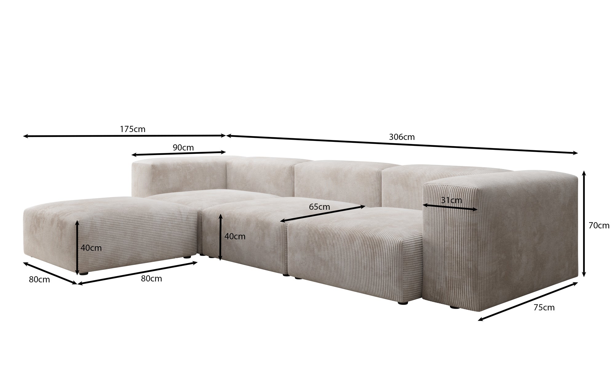 Designer L Sofa Snug in Ribstof