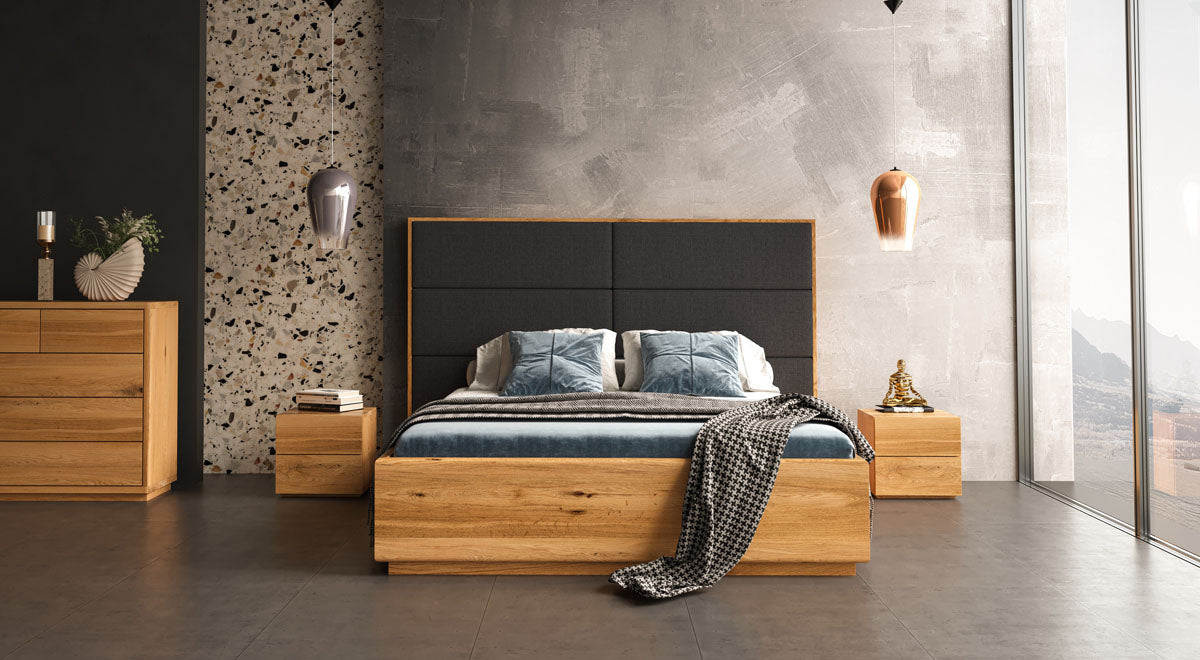 Designer houten bed Valent van massief eiken met opbergruimte