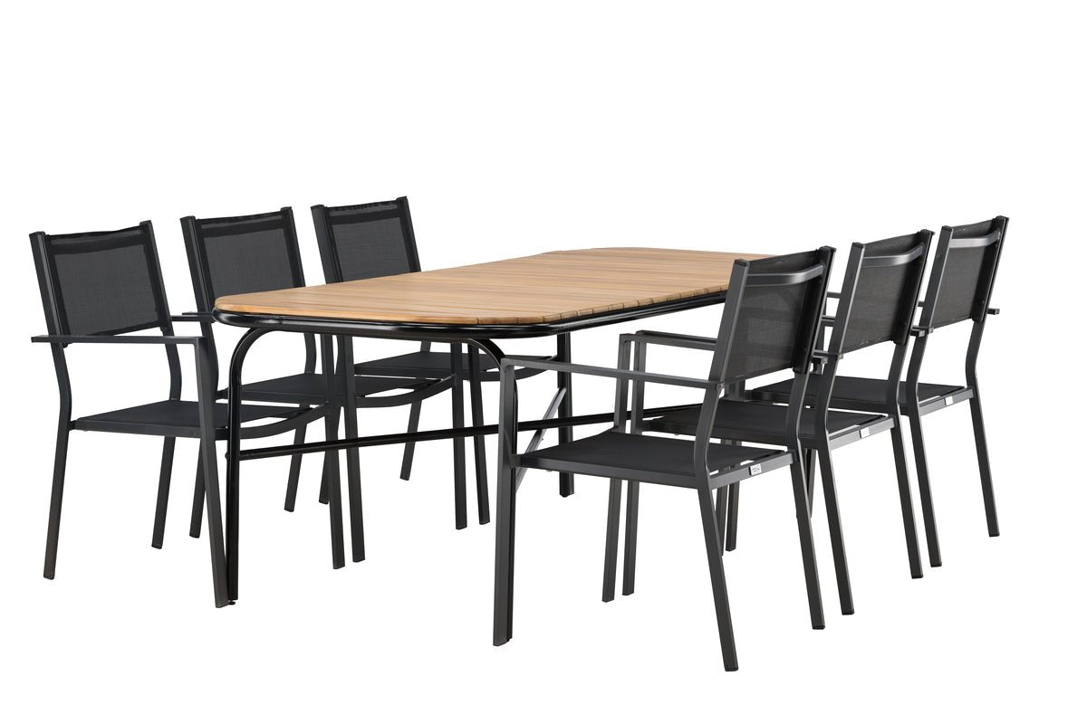 Garten Essgruppe Mirabell – 7-teiliges Gartenmöbel-Set mit Tisch aus Akazie und schwarzen Stühlen