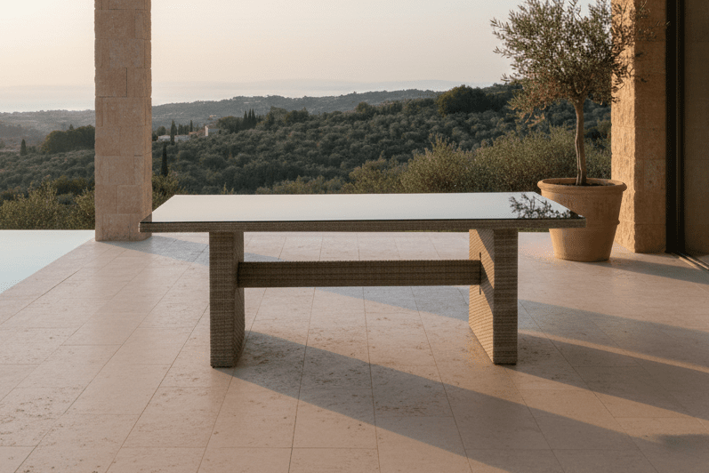 Tuin Eettafel Valerio - 200x100 cm van grijs rattan met glazen blad