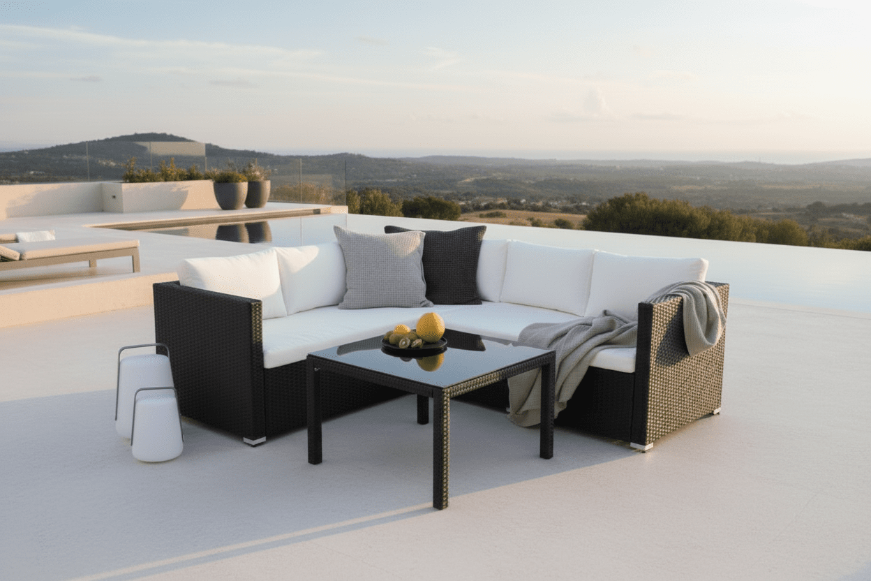 Garten Loungeset Liana – mit schwarzem Geflecht & weißen Kissen