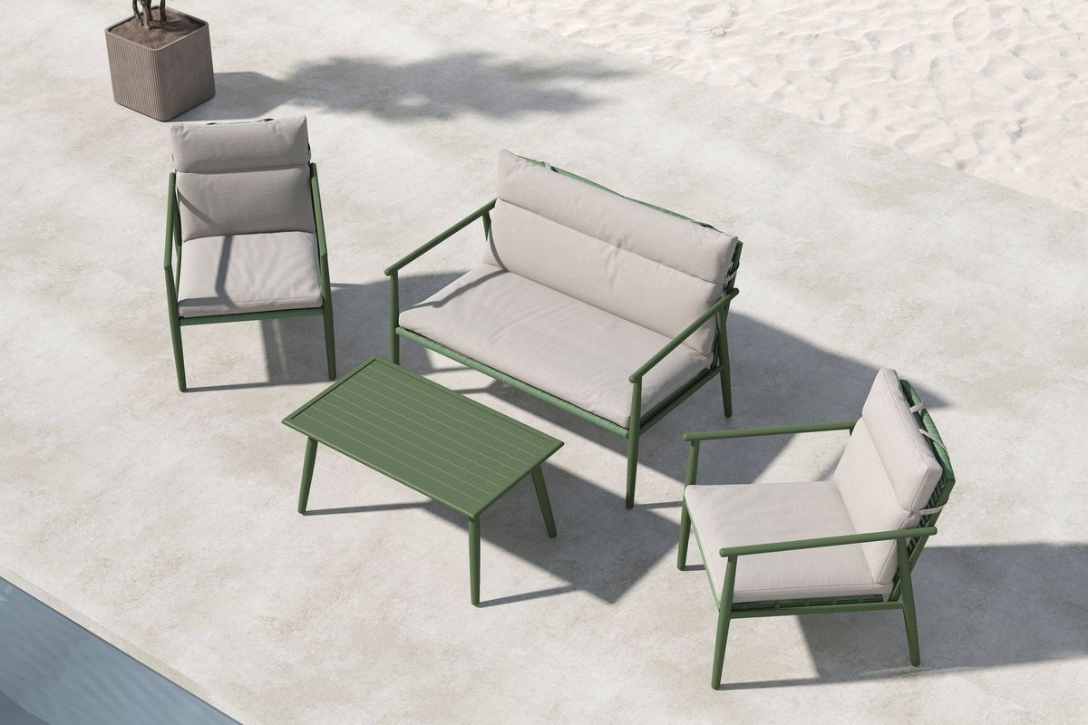 Tuin loungeset Marlen – in Groen & Beige met bank, fauteuils & tafel
