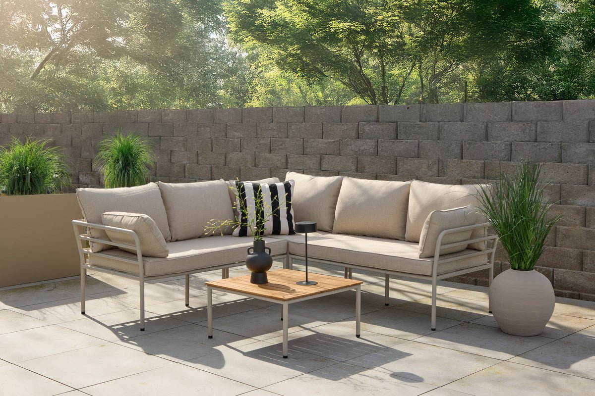 Garten Loungeset Sienna – 3-teiliges Outdoor-Sofa-Set in Beige mit Akazienholz-Tisch