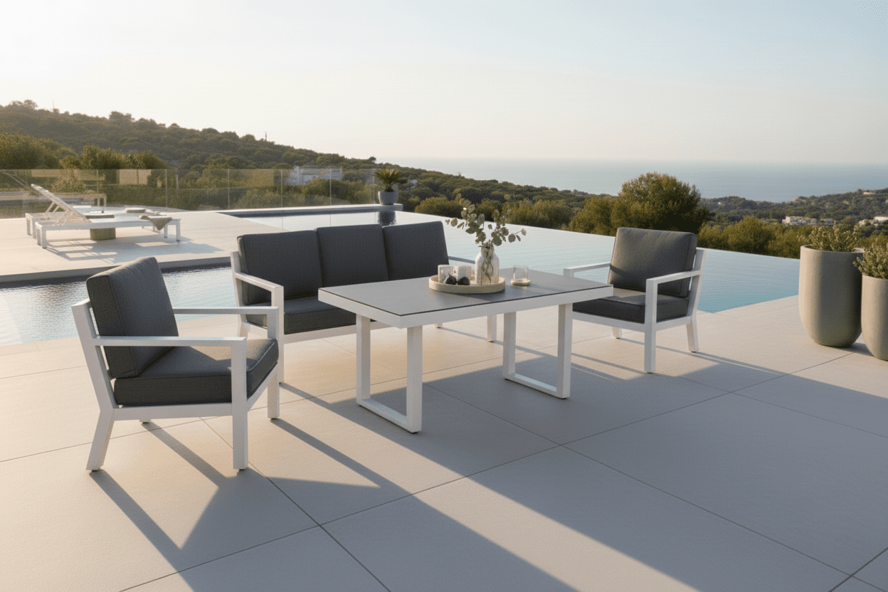 Tuin loungeset Jenni – in Wit & Grijs met glasplaat