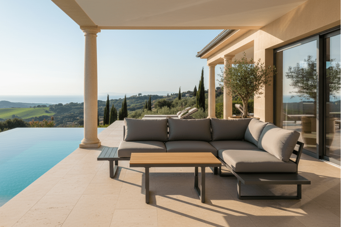 Tuin Loungeset Santorin – Aluminium Hoekbank met in hoogte verstelbare tafel