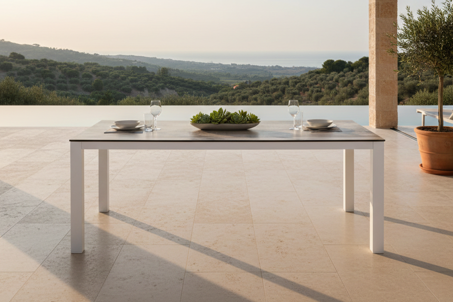 Tuin tafel Kisiwa - een witgrijze eettafel in rechthoekige vorm