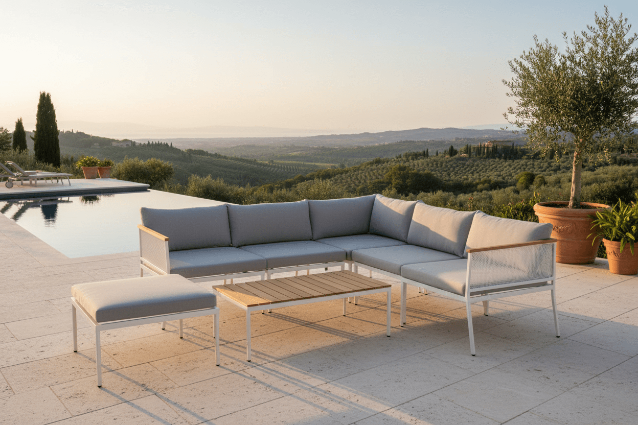 Tuin Loungeset Luana – in Wit & Zwart met Teak Tafel & Kussens