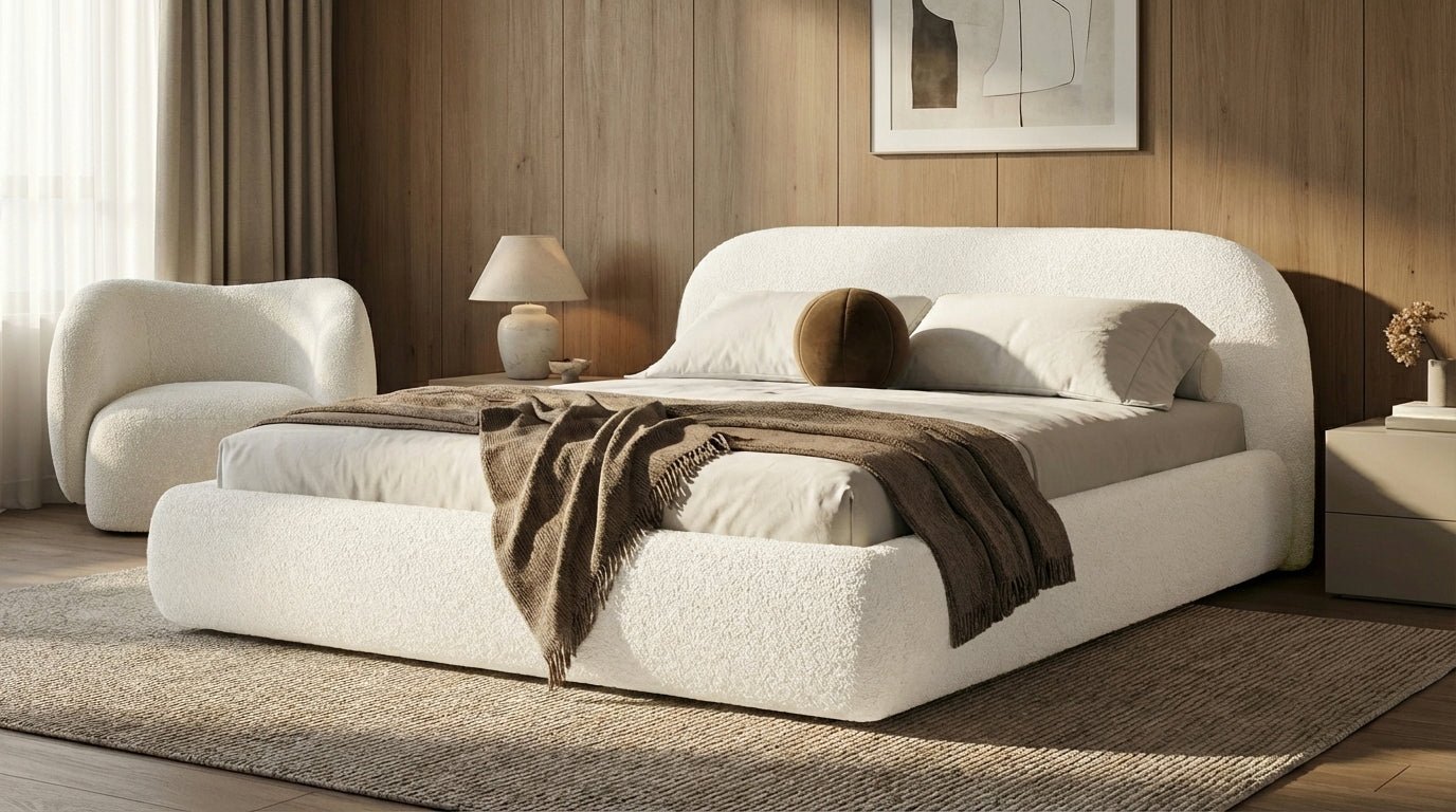 Design gestoffeerd bed Luma in Bouclé met opbergruimte