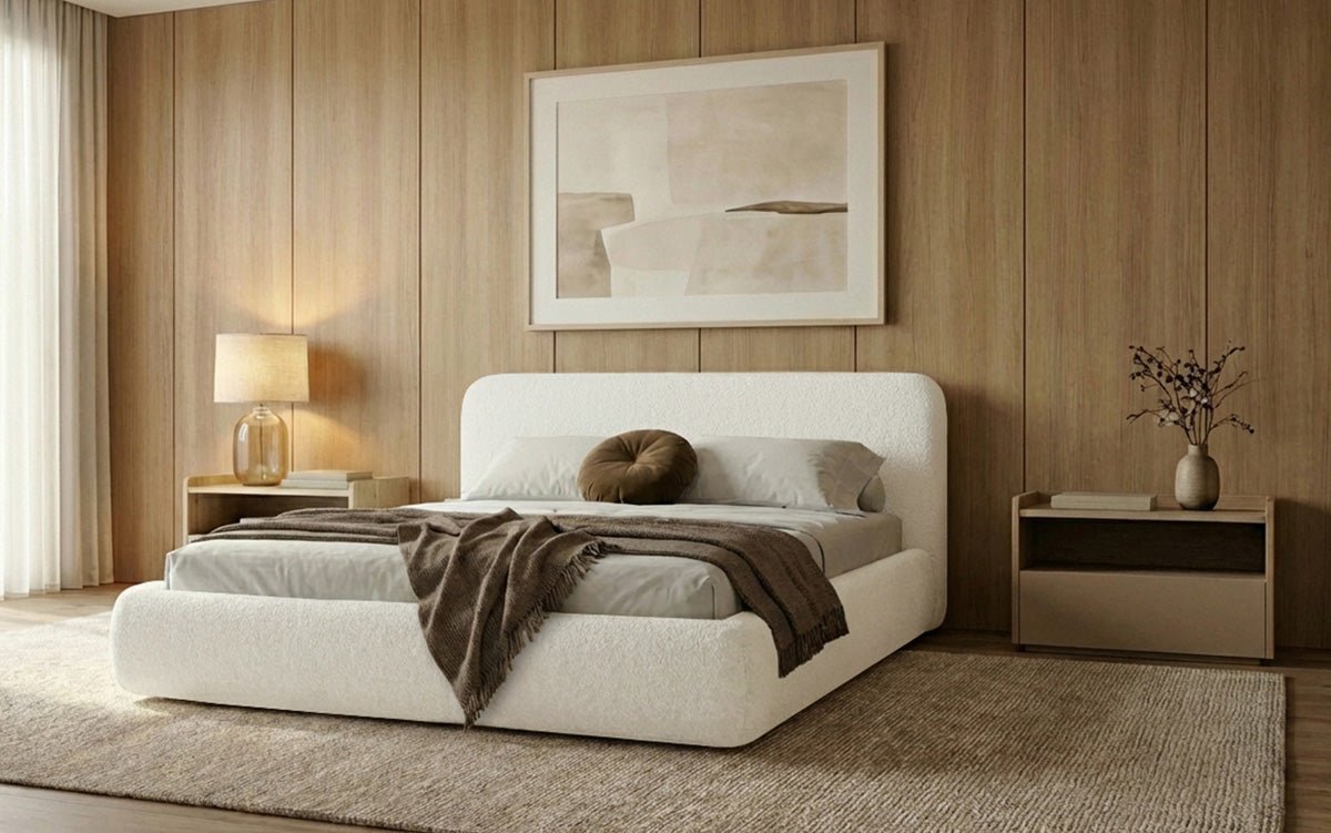 Design gestoffeerd bed Arosa in Bouclé met opbergruimte