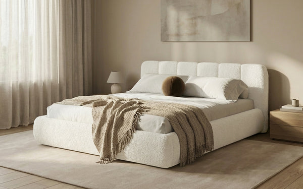 Design gestoffeerd bed Avelo in Bouclé met opbergruimte