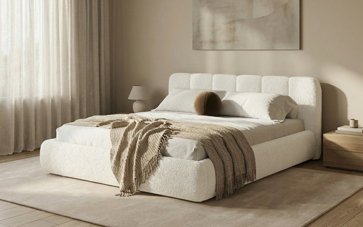 Design gestoffeerd bed Avelo in Bouclé met opbergruimte