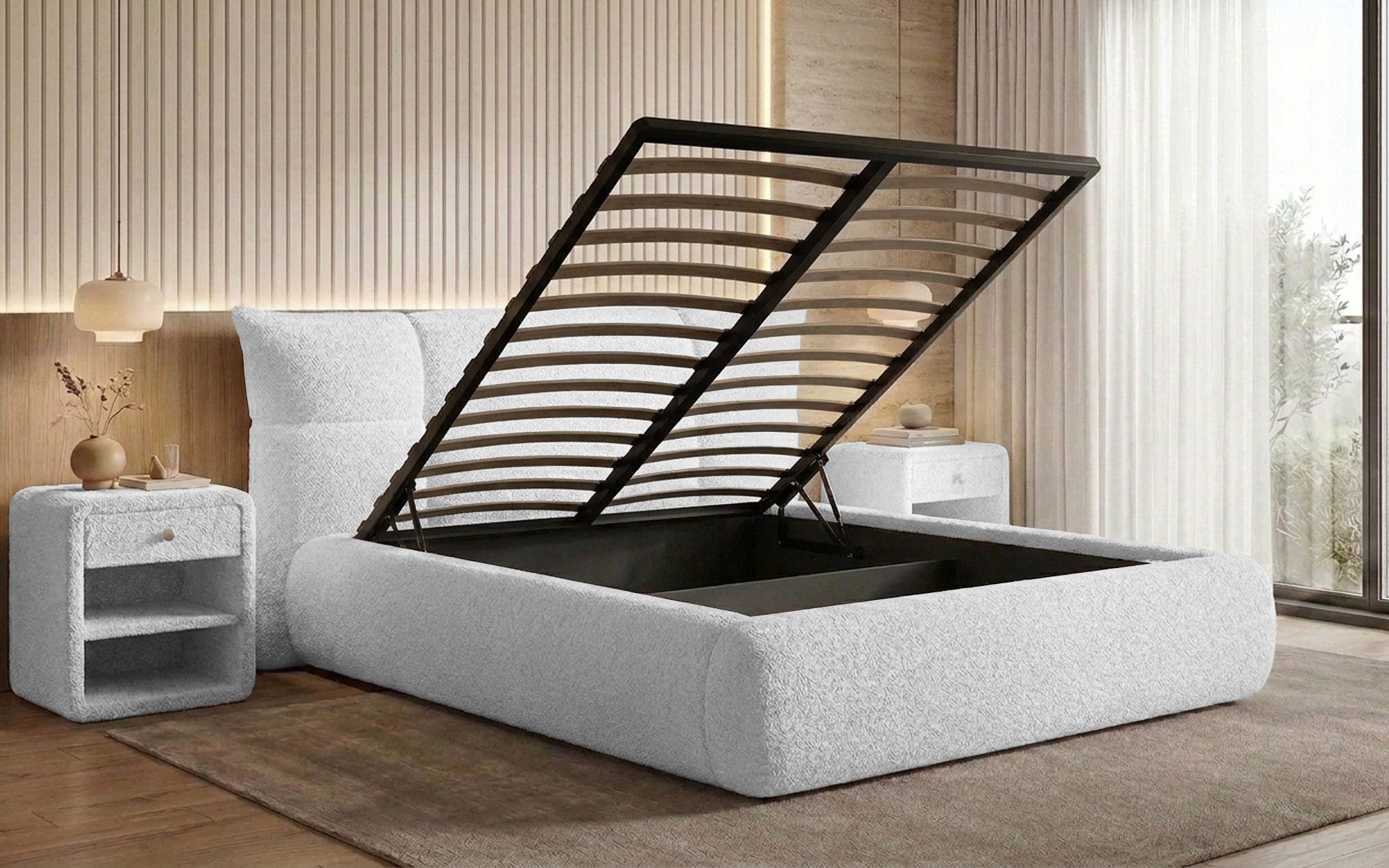 Designer gestoffeerd bed Gioia in Teddystof Bouclé met opbergruimte