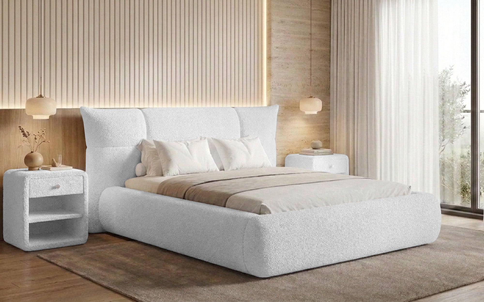 Designer gestoffeerd bed Gioia in Teddystof Bouclé met opbergruimte