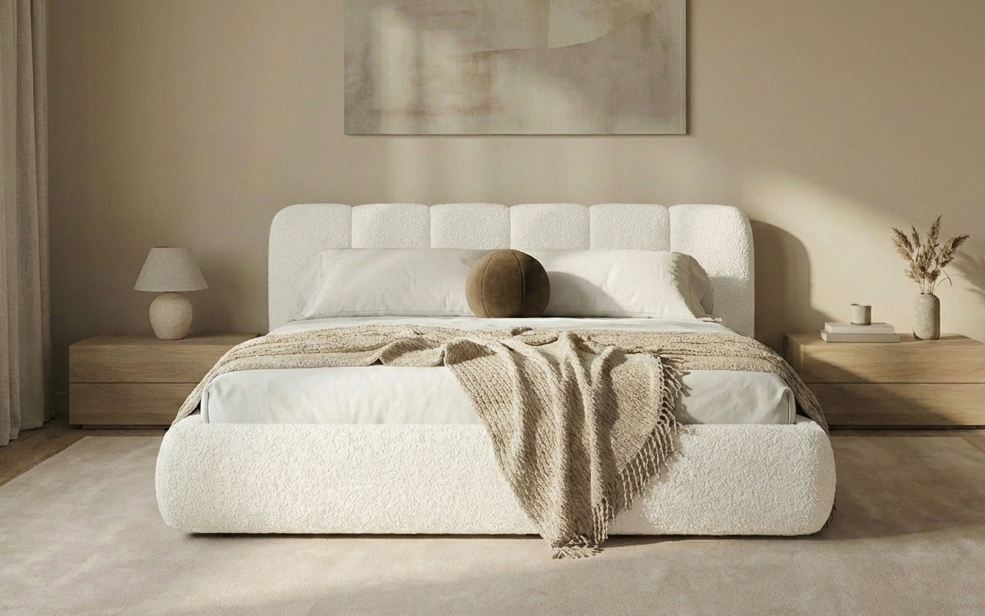 Design gestoffeerd bed Avelo in Bouclé met opbergruimte