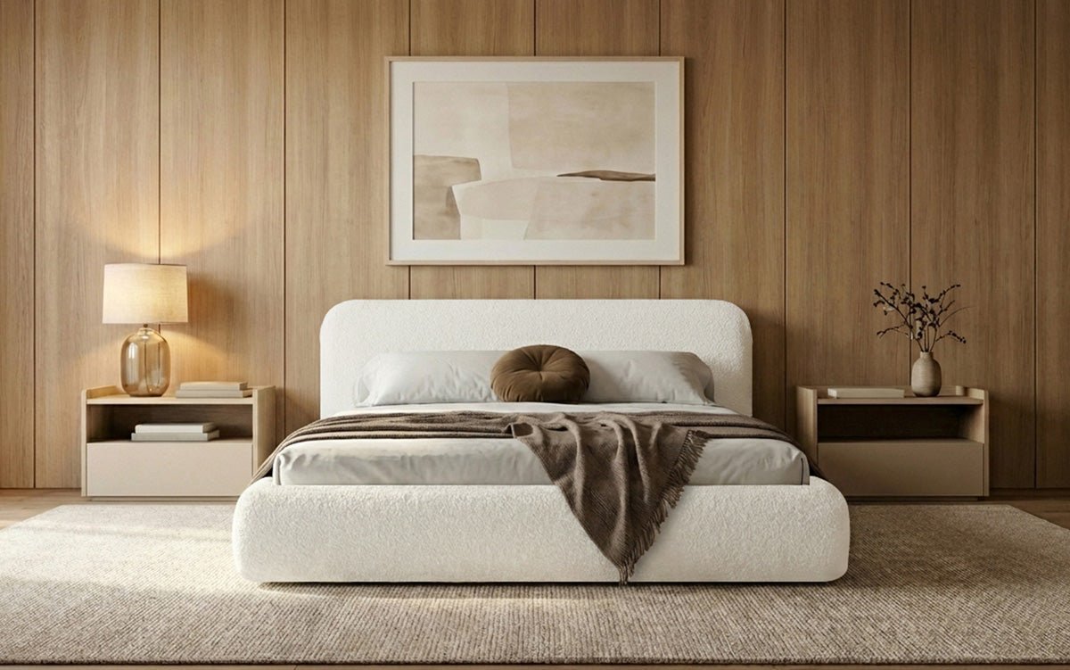 Design gestoffeerd bed Arosa in Bouclé met opbergruimte