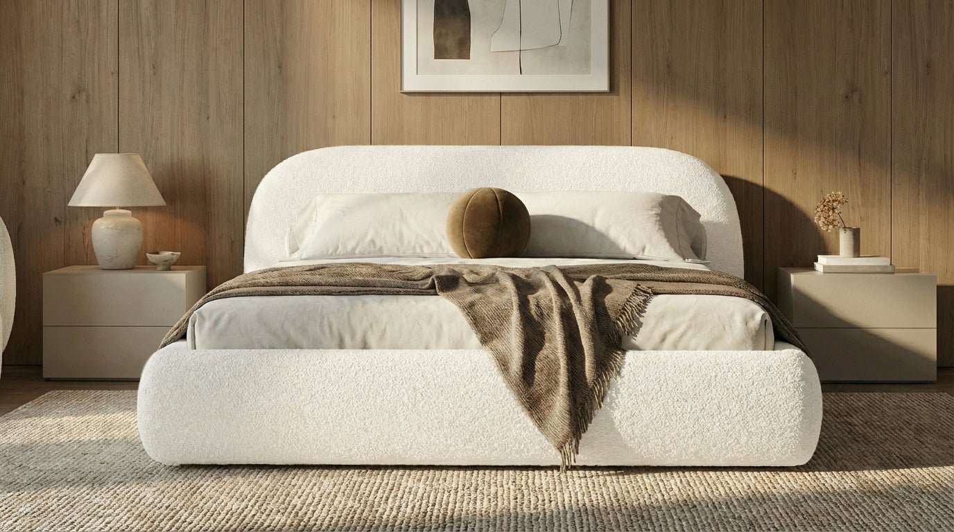 Design gestoffeerd bed Luma in Bouclé met opbergruimte