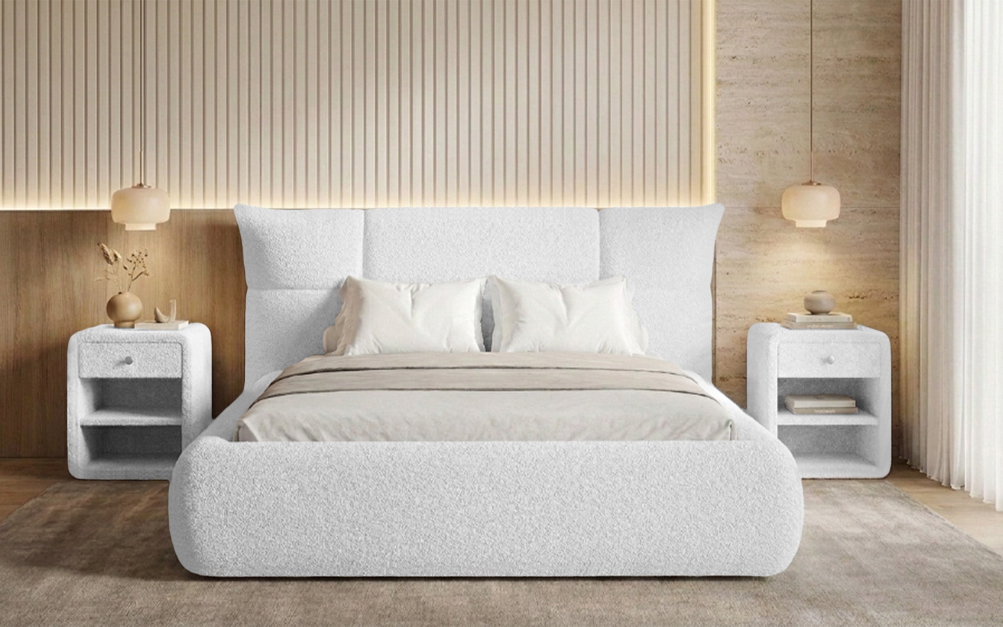 Designer gestoffeerd bed Gioia in Teddystof Bouclé met opbergruimte