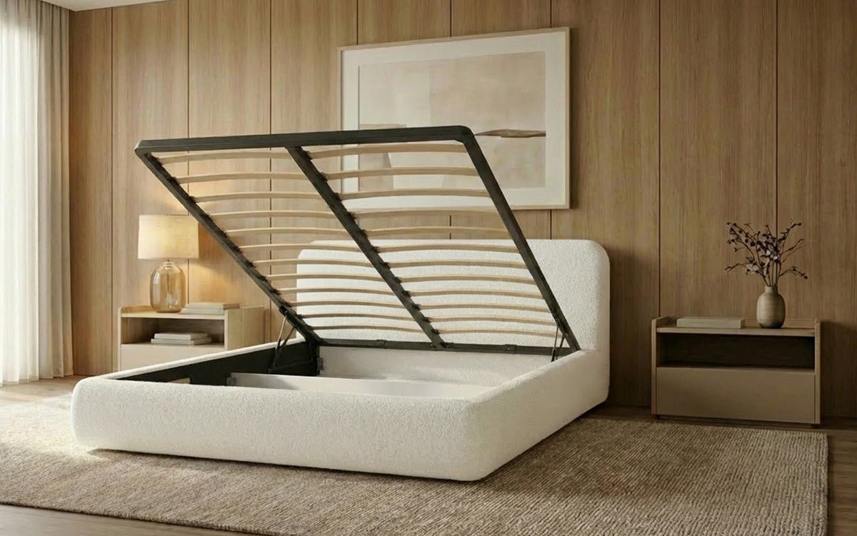 Design gestoffeerd bed Arosa in Bouclé met opbergruimte