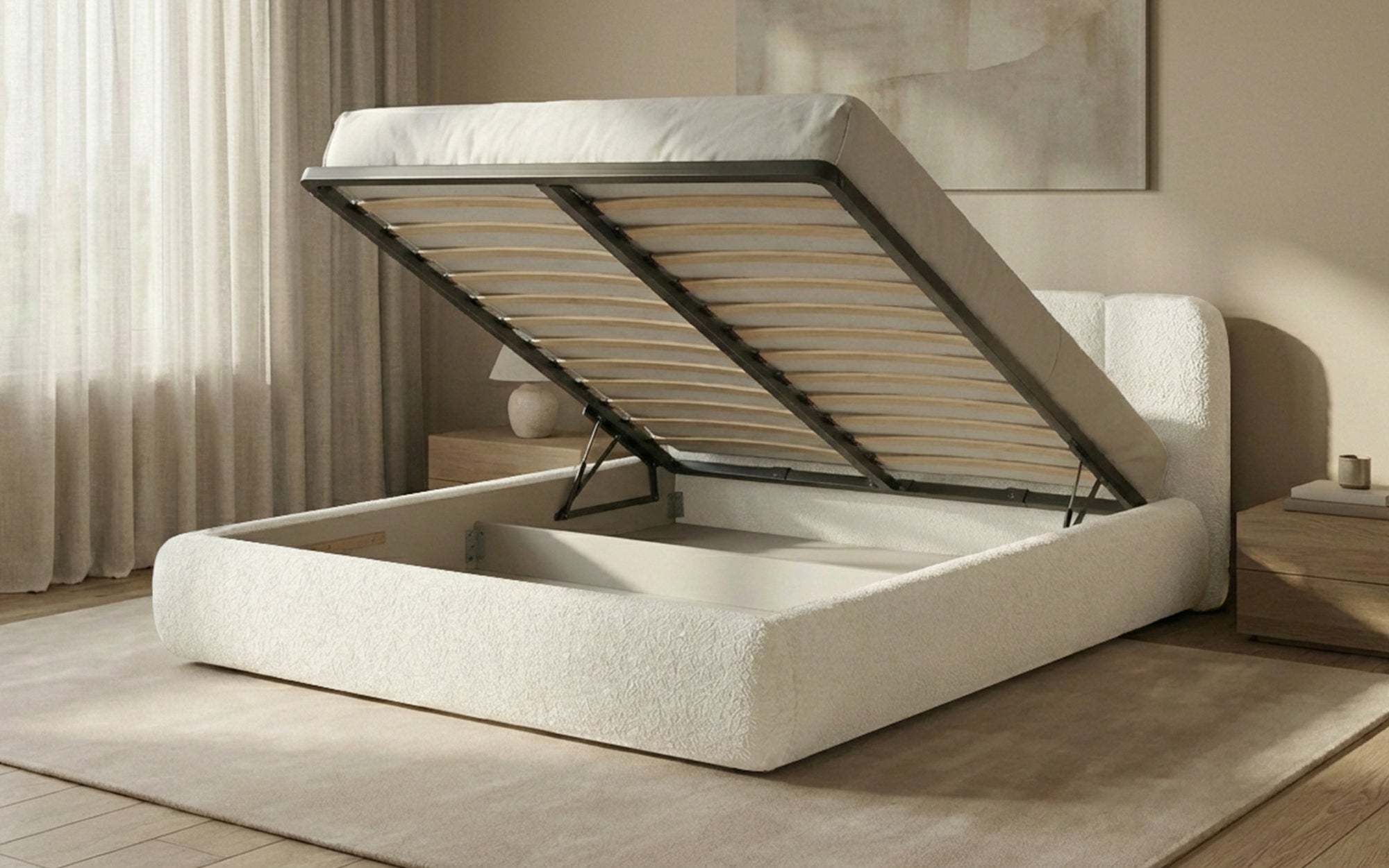 Design gestoffeerd bed Avelo in Bouclé met opbergruimte