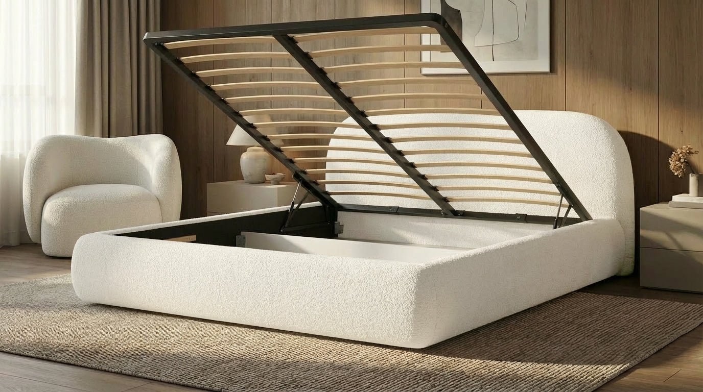 Design gestoffeerd bed Luma in Bouclé met opbergruimte