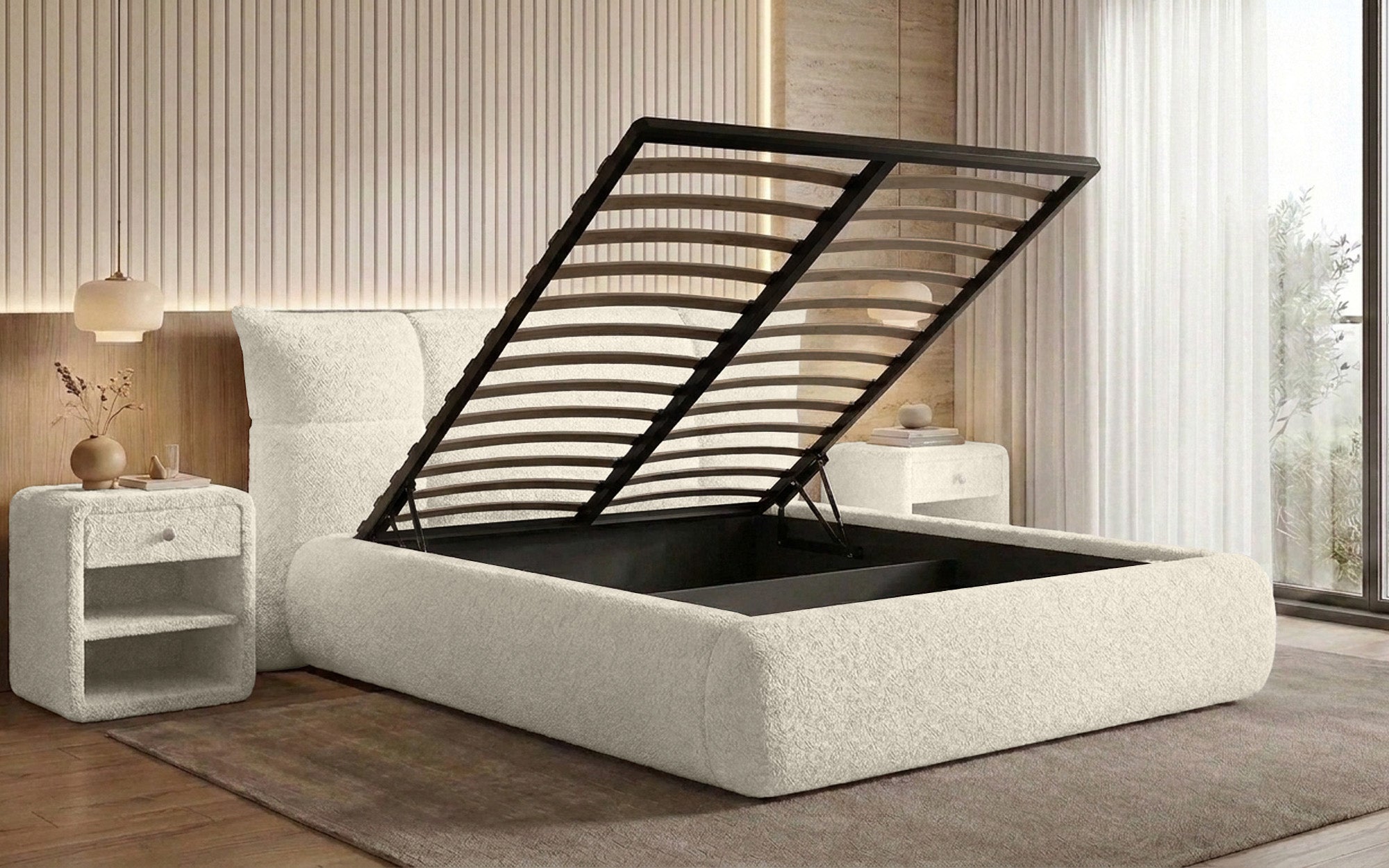 Designer gestoffeerd bed Gioia in Teddystof Bouclé met opbergruimte