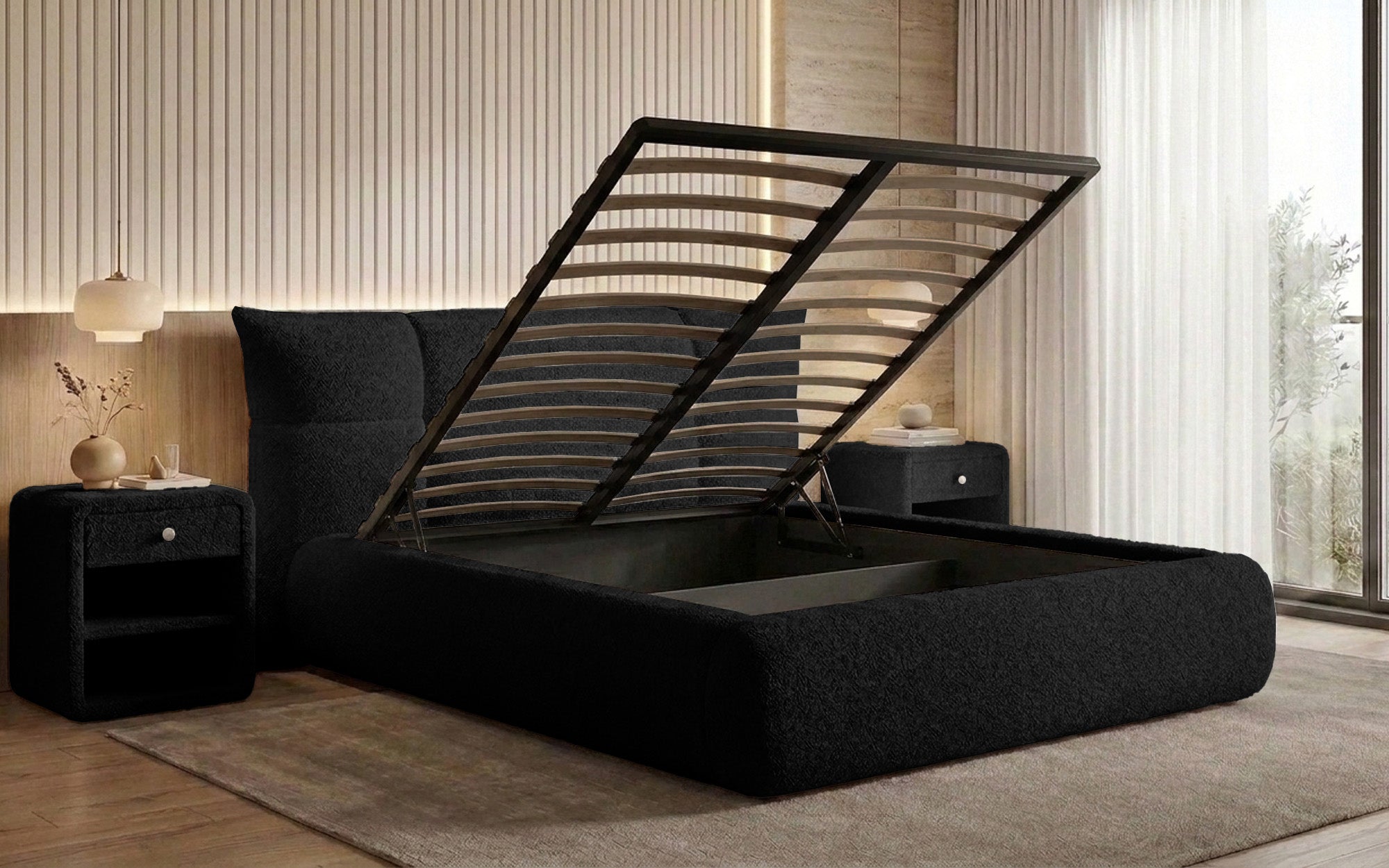 Designer gestoffeerd bed Gioia in Teddystof Bouclé met opbergruimte