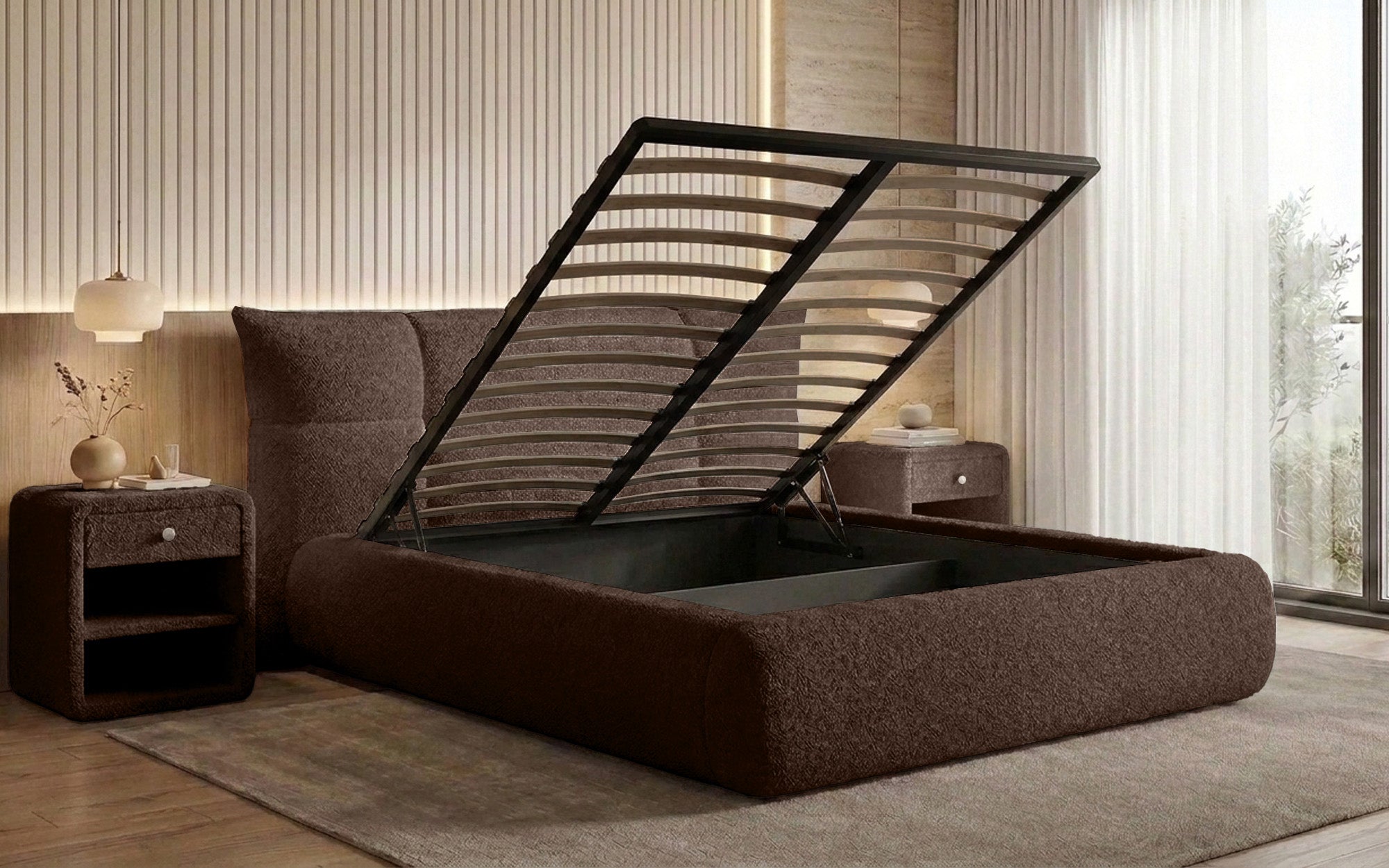Designer gestoffeerd bed Gioia in Teddystof Bouclé met opbergruimte