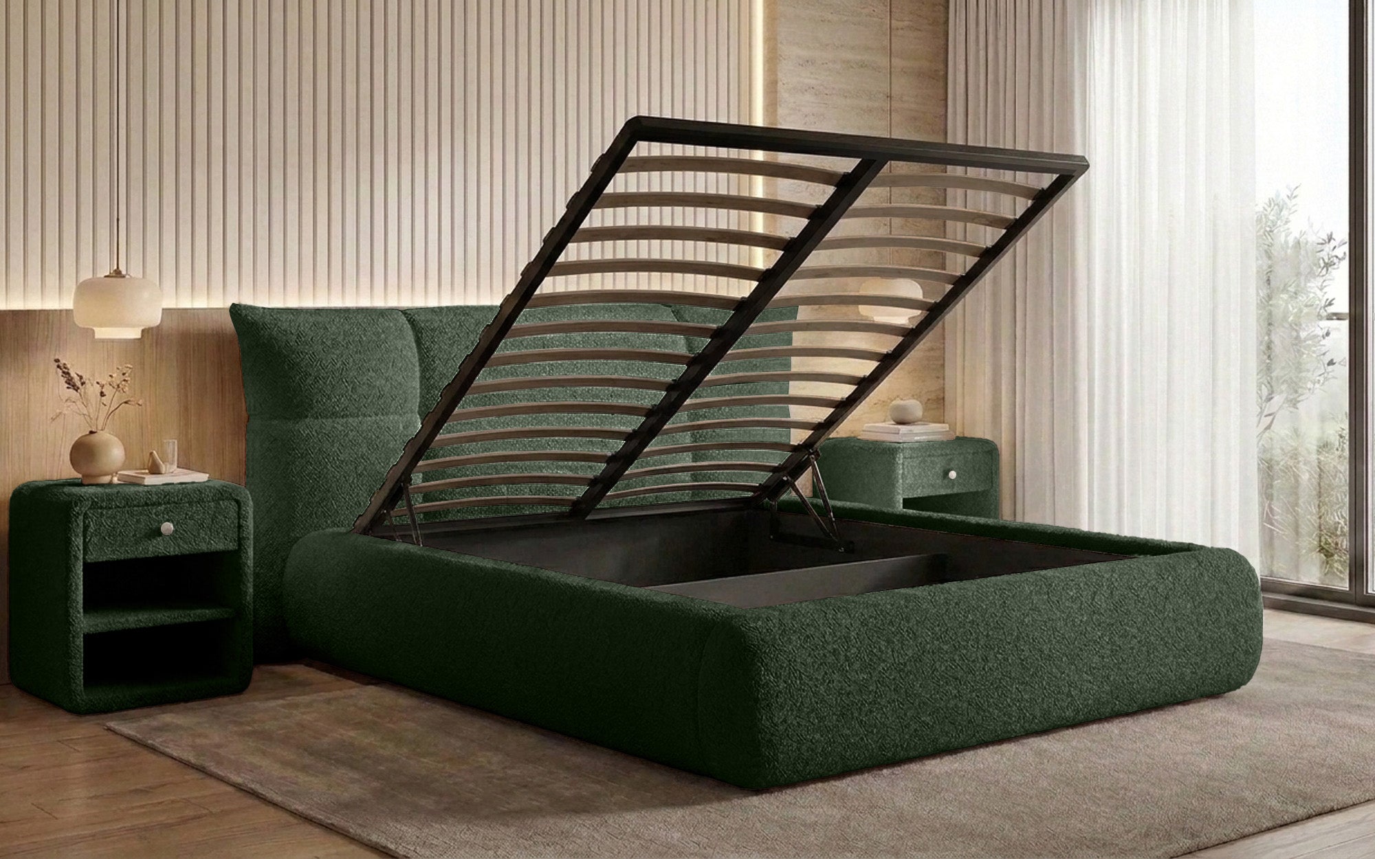 Designer gestoffeerd bed Gioia in Teddystof Bouclé met opbergruimte