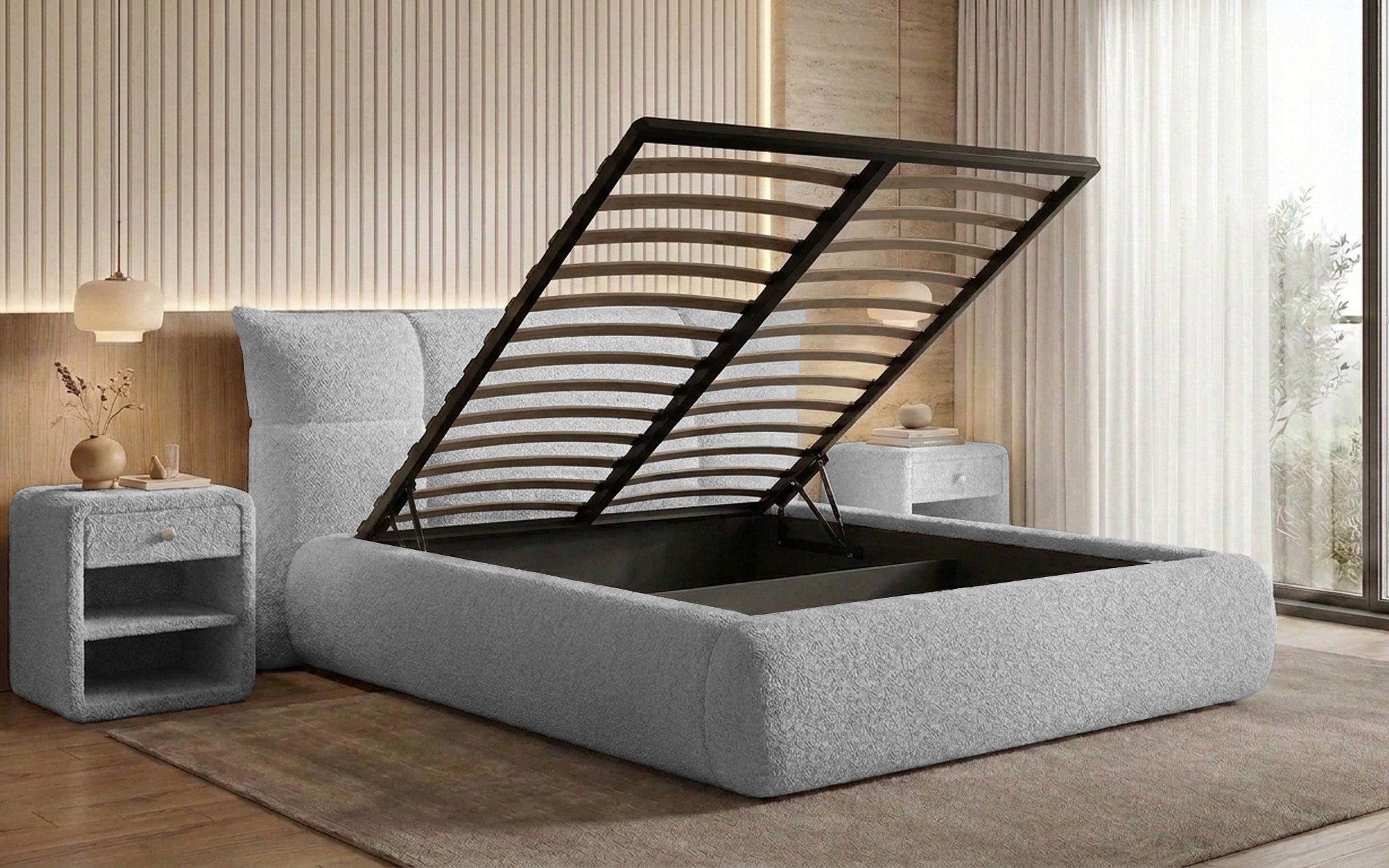 Designer gestoffeerd bed Gioia in Teddystof Bouclé met opbergruimte
