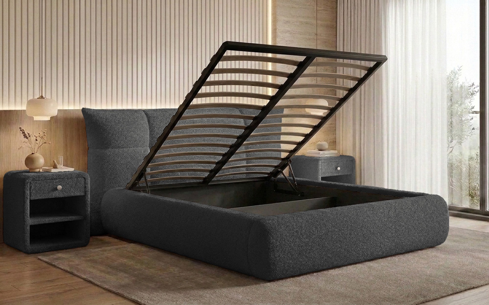 Designer gestoffeerd bed Gioia in Teddystof Bouclé met opbergruimte