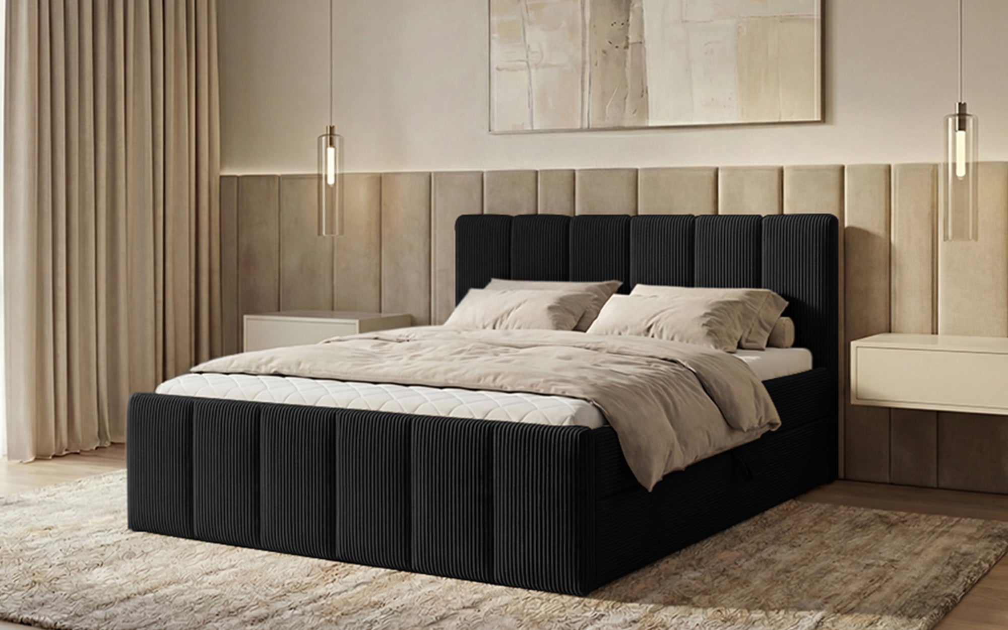 Boxspringbed Siena met opklapbare bergruimte in Ribstof
