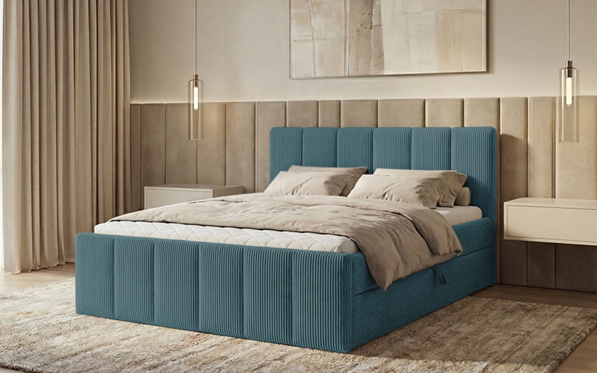 Boxspringbed Siena met opklapbare bergruimte in Ribstof