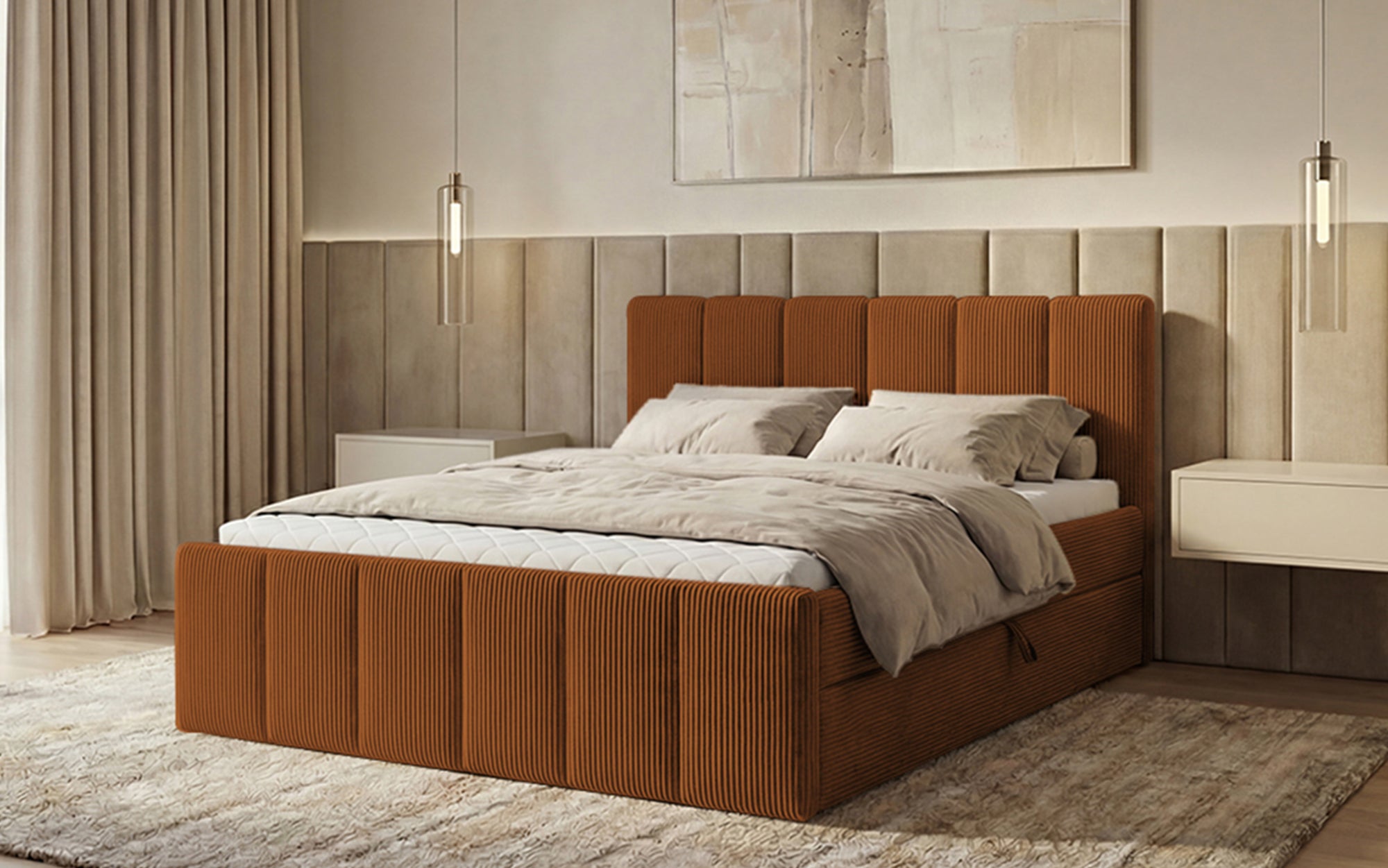 Boxspringbed Siena met opklapbare bergruimte in Ribstof