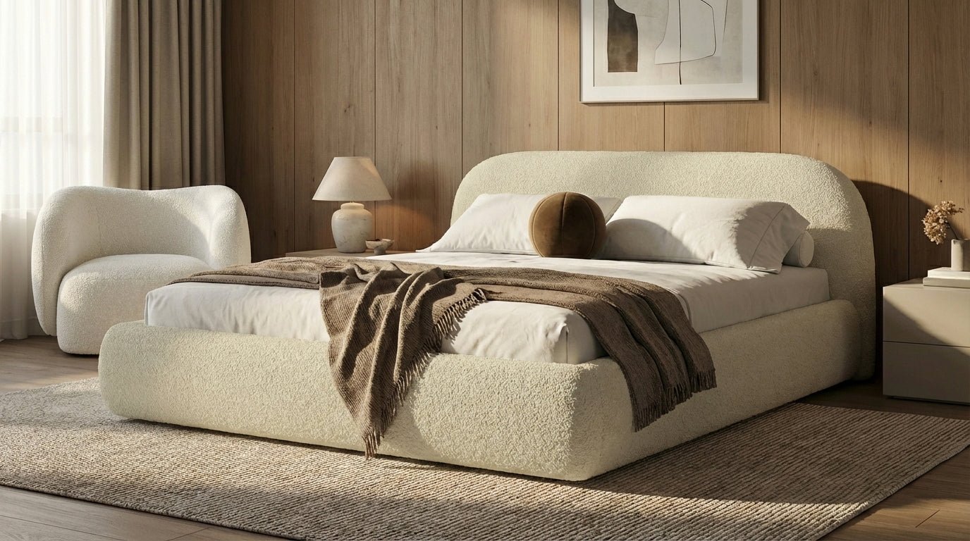 Design gestoffeerd bed Luma in Bouclé met opbergruimte