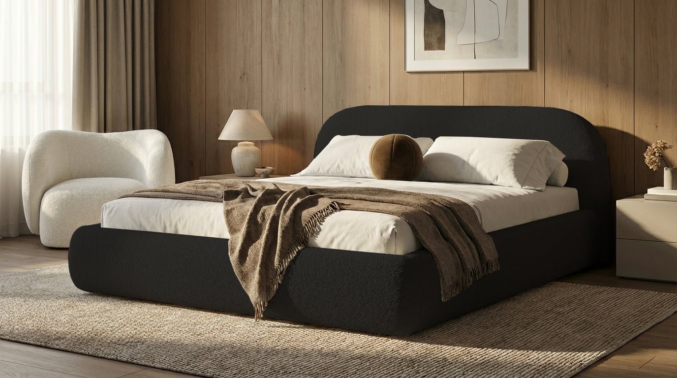 Design gestoffeerd bed Luma in Bouclé met opbergruimte