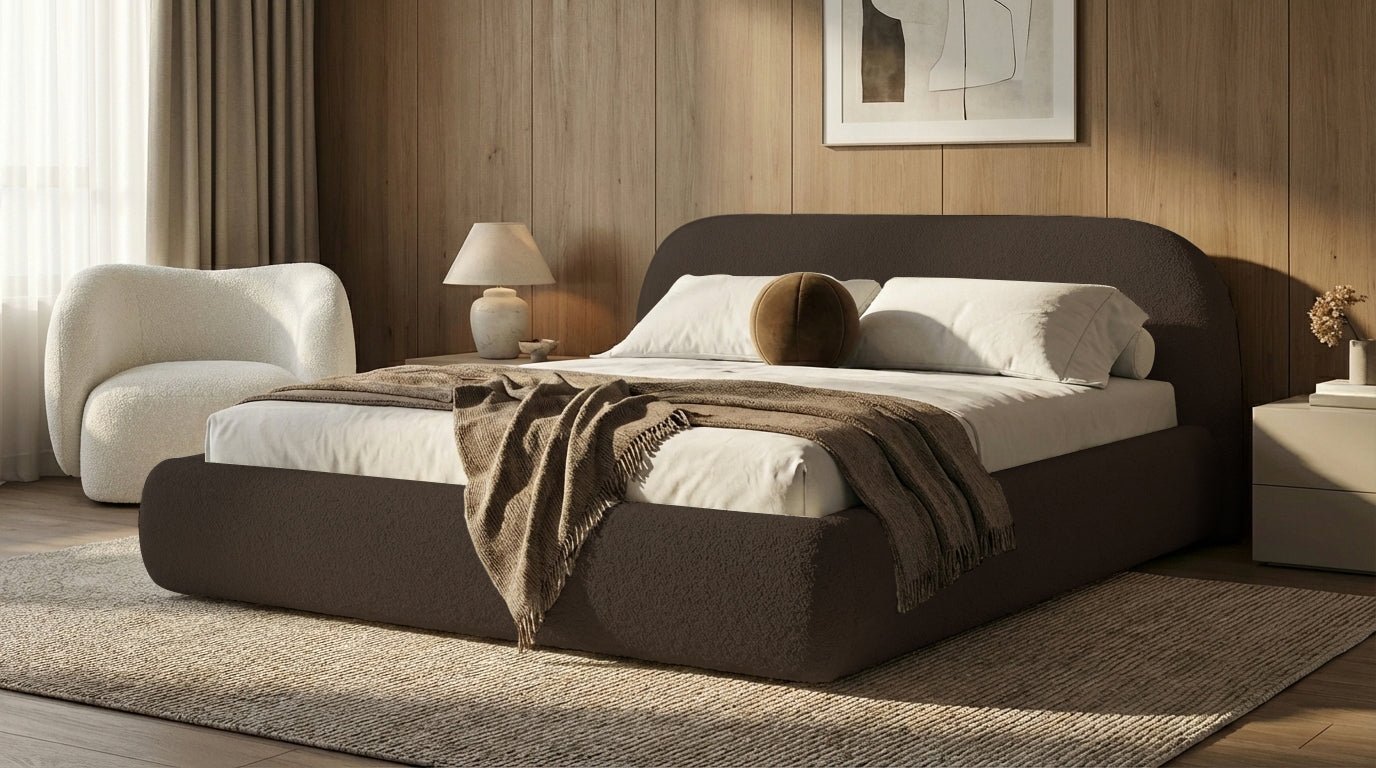 Design gestoffeerd bed Luma in Bouclé met opbergruimte
