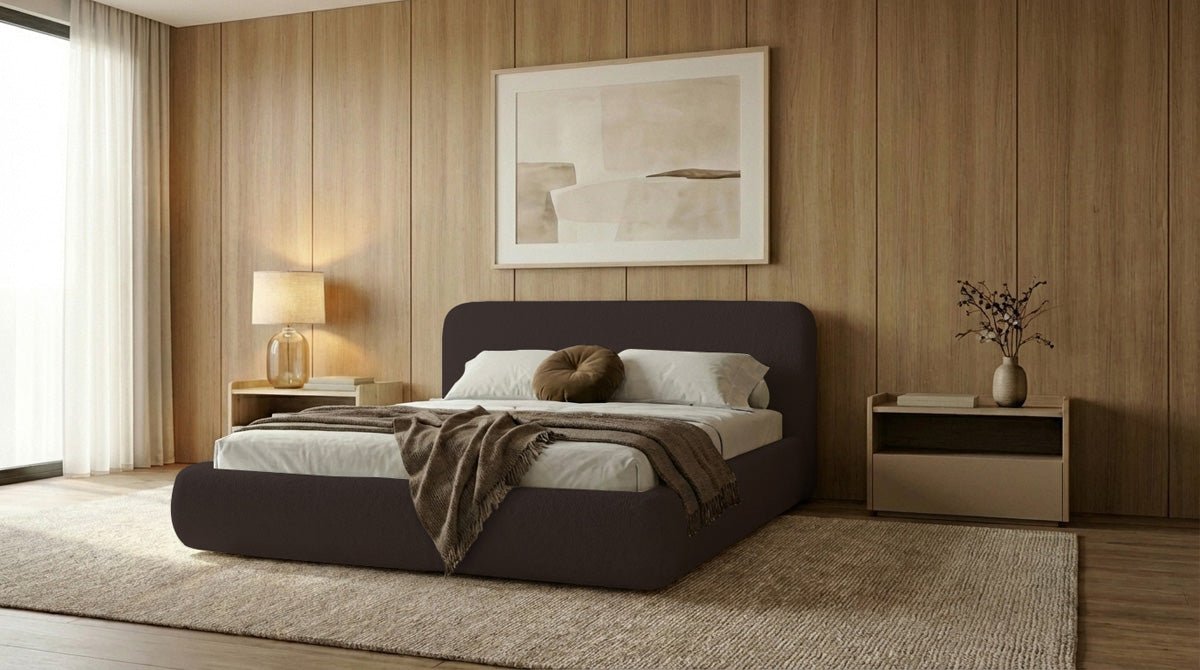 Design gestoffeerd bed Arosa in Bouclé met opbergruimte