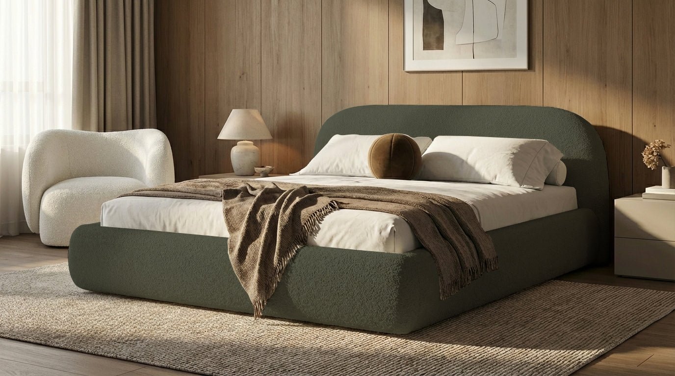 Design gestoffeerd bed Luma in Bouclé met opbergruimte